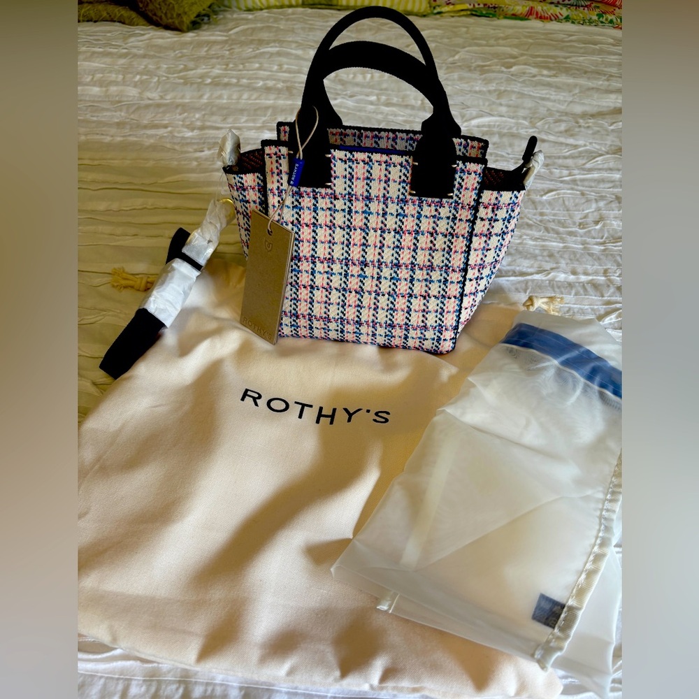 NWT Rothy's The Mini Handbag Pink/Navy/Cream plaid!
